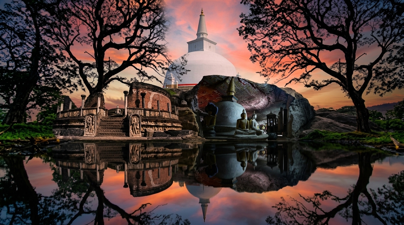Golden-hour illustration of Sigiriya rock rising above the water gardens and jungle