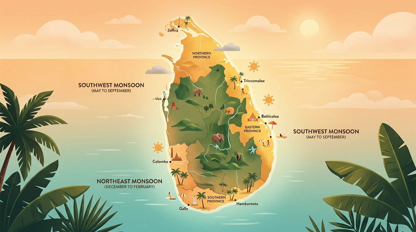 Illustrated map of Sri Lanka showing which coasts are dry in each monsoon season