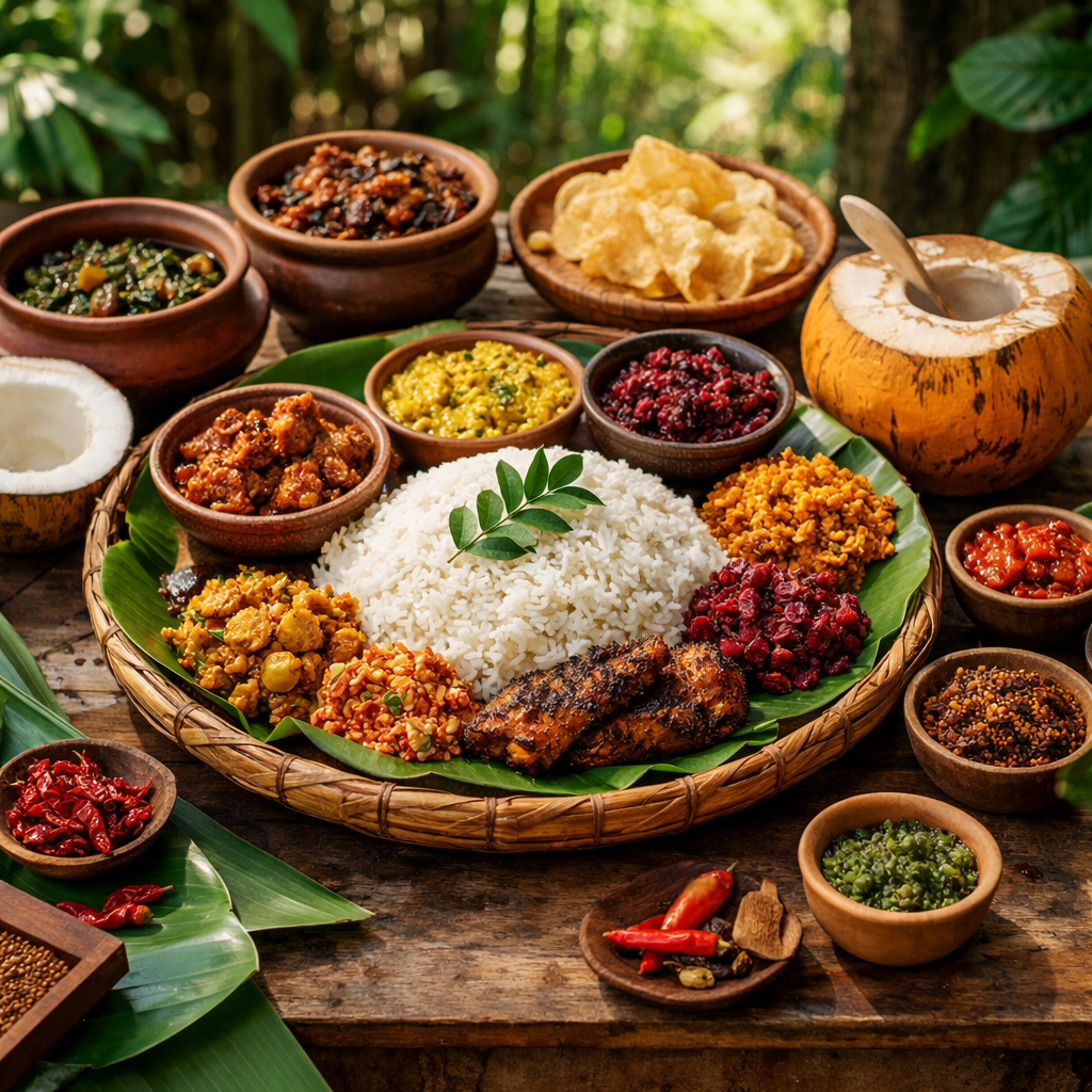 Sri Lankan rice and curry with hoppers and pol sambol